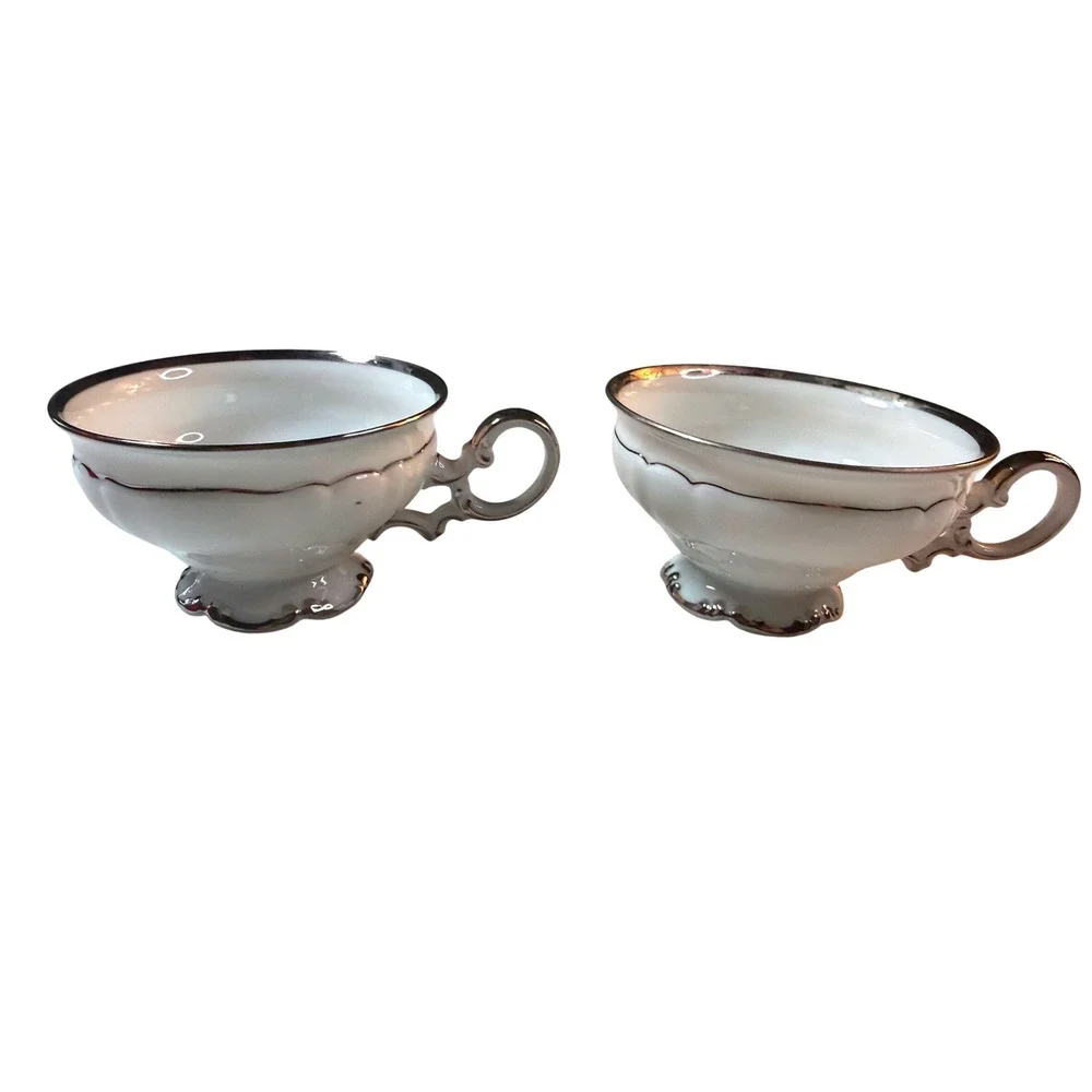Vintage Porcelain‎ Tea Cup Saucer Set 2 Platinum Trim Scalloped Edge Bavaria MCM